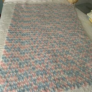 Handmade Crochet Soft Yarn Baby blanket. Pink blue and white.